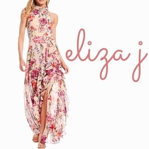 Eliza J NWT
Halter Neck Floral Print Chiffon Sleeveless Ruffle Maxi Dress